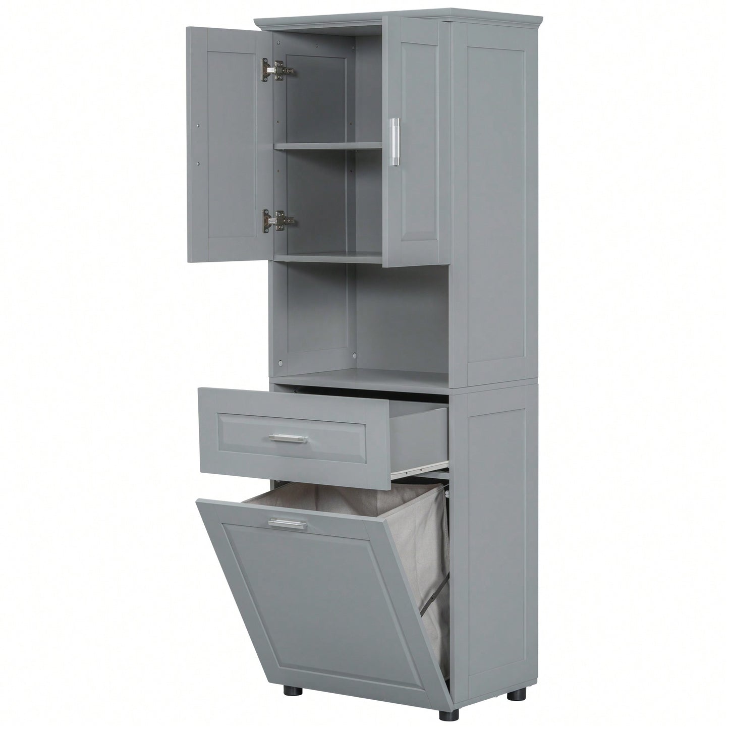 Tall Bathroom Cabinet With Tilt-Out Laundry Hamper And Ample Storage Space In White