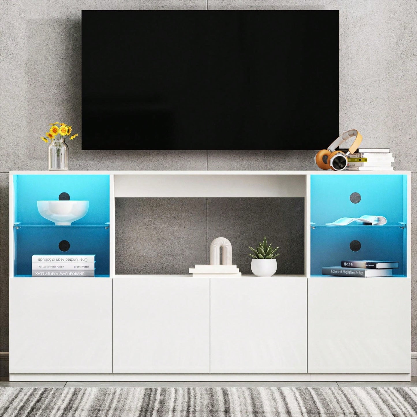 Modern High Gloss TV Stand With LED Lights And Tempered Glass Shelves For TVs Up To 75 Inches, Black Finish, 67Wx13.7D