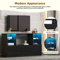 Modern High Gloss TV Stand With LED Lights And Tempered Glass Shelves For TVs Up To 75 Inches, Black Finish, 67Wx13.7D