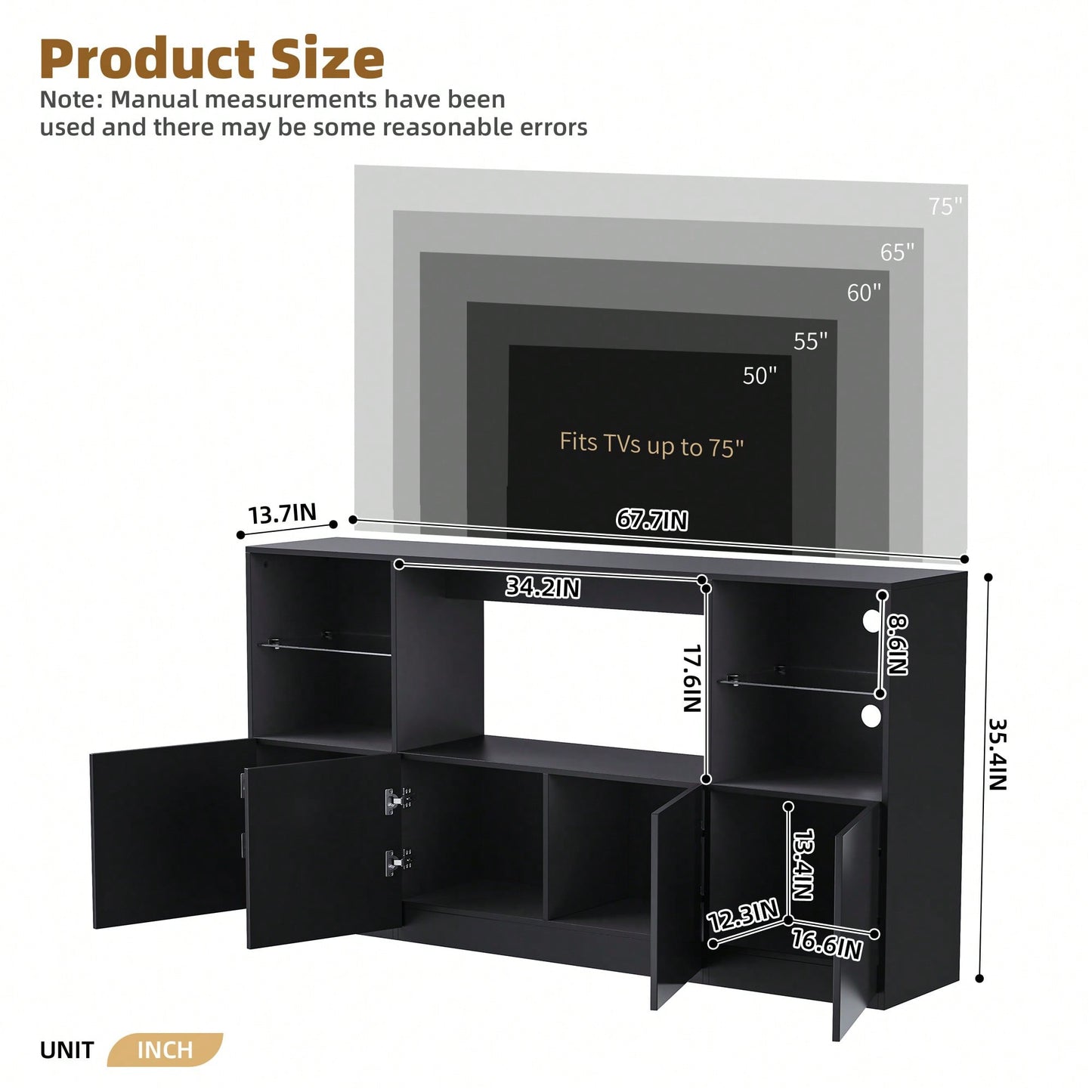 Modern High Gloss TV Stand With LED Lights And Tempered Glass Shelves For TVs Up To 75 Inches, Black Finish, 67Wx13.7D