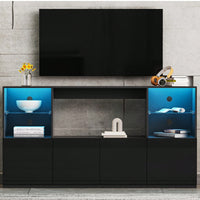 Modern High Gloss TV Stand With LED Lights And Tempered Glass Shelves For TVs Up To 75 Inches, Black Finish, 67Wx13.7D