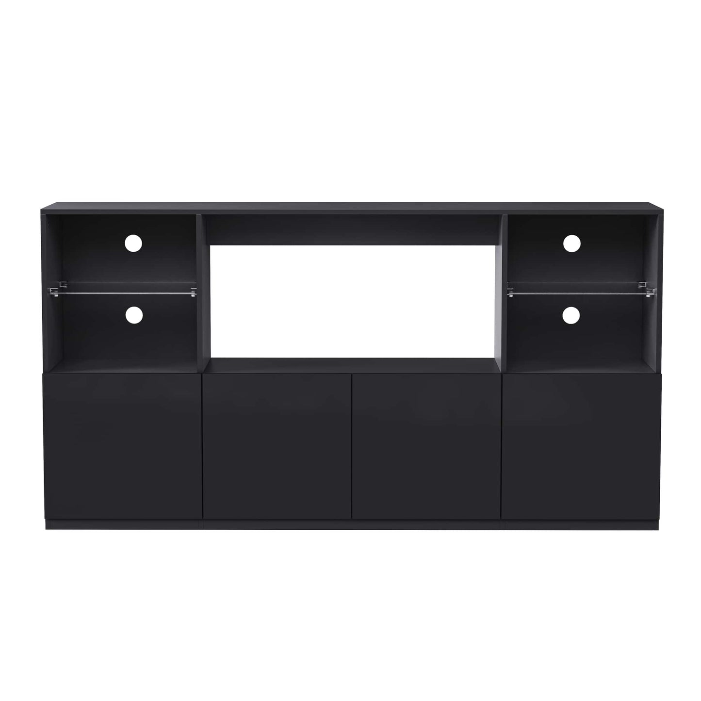 Modern High Gloss TV Stand With LED Lights And Tempered Glass Shelves For TVs Up To 75 Inches, Black Finish, 67Wx13.7D