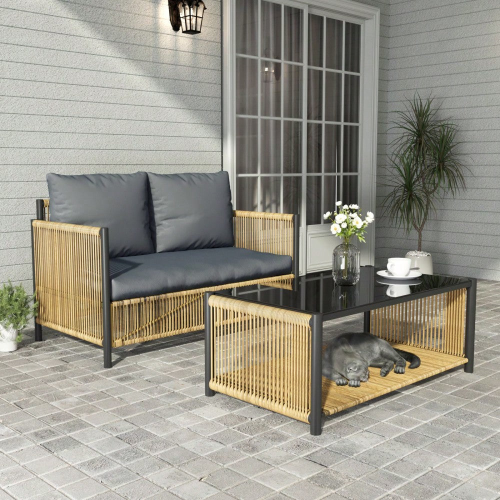 Outdoor Brown Wicker 2-Seater Sofa Set With Grey Cushions And Coffee Table