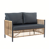 Outdoor Brown Wicker 2-Seater Sofa Set With Grey Cushions And Coffee Table