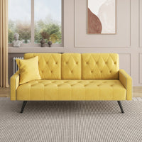 Compact Yellow Velvet Sofa Bed With Nailhead Trim And Dual Cup Holders Ideal For Small Spaces 72 Inch Length