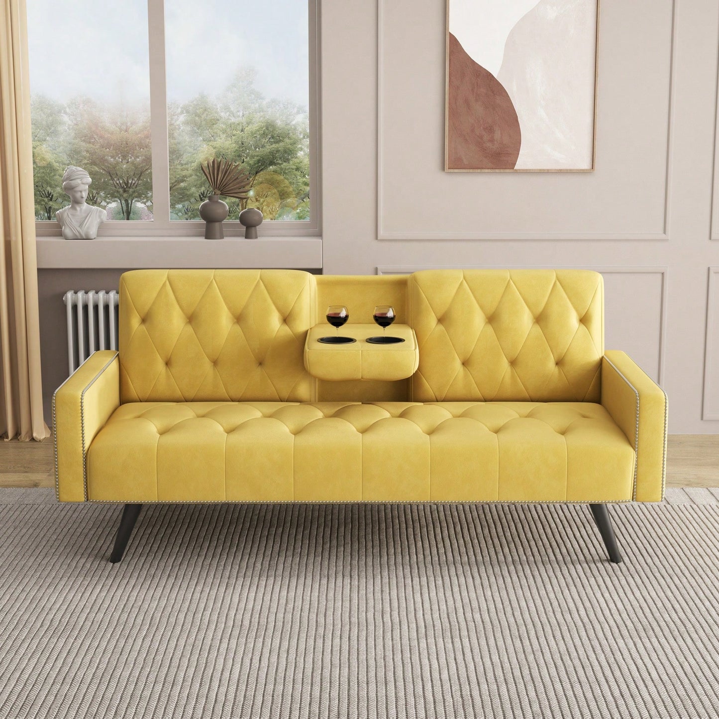 Compact Yellow Velvet Sofa Bed With Nailhead Trim And Dual Cup Holders Ideal For Small Spaces 72 Inch Length