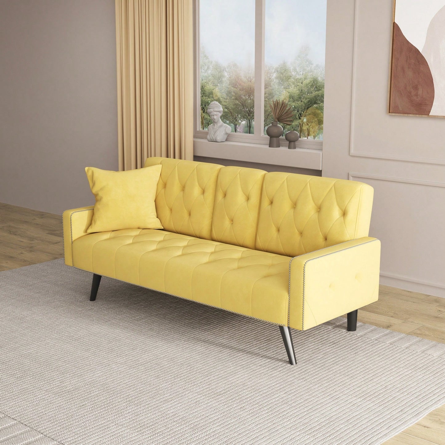 Compact Yellow Velvet Sofa Bed With Nailhead Trim And Dual Cup Holders Ideal For Small Spaces 72 Inch Length