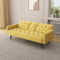 Compact Yellow Velvet Sofa Bed With Nailhead Trim And Dual Cup Holders Ideal For Small Spaces 72 Inch Length