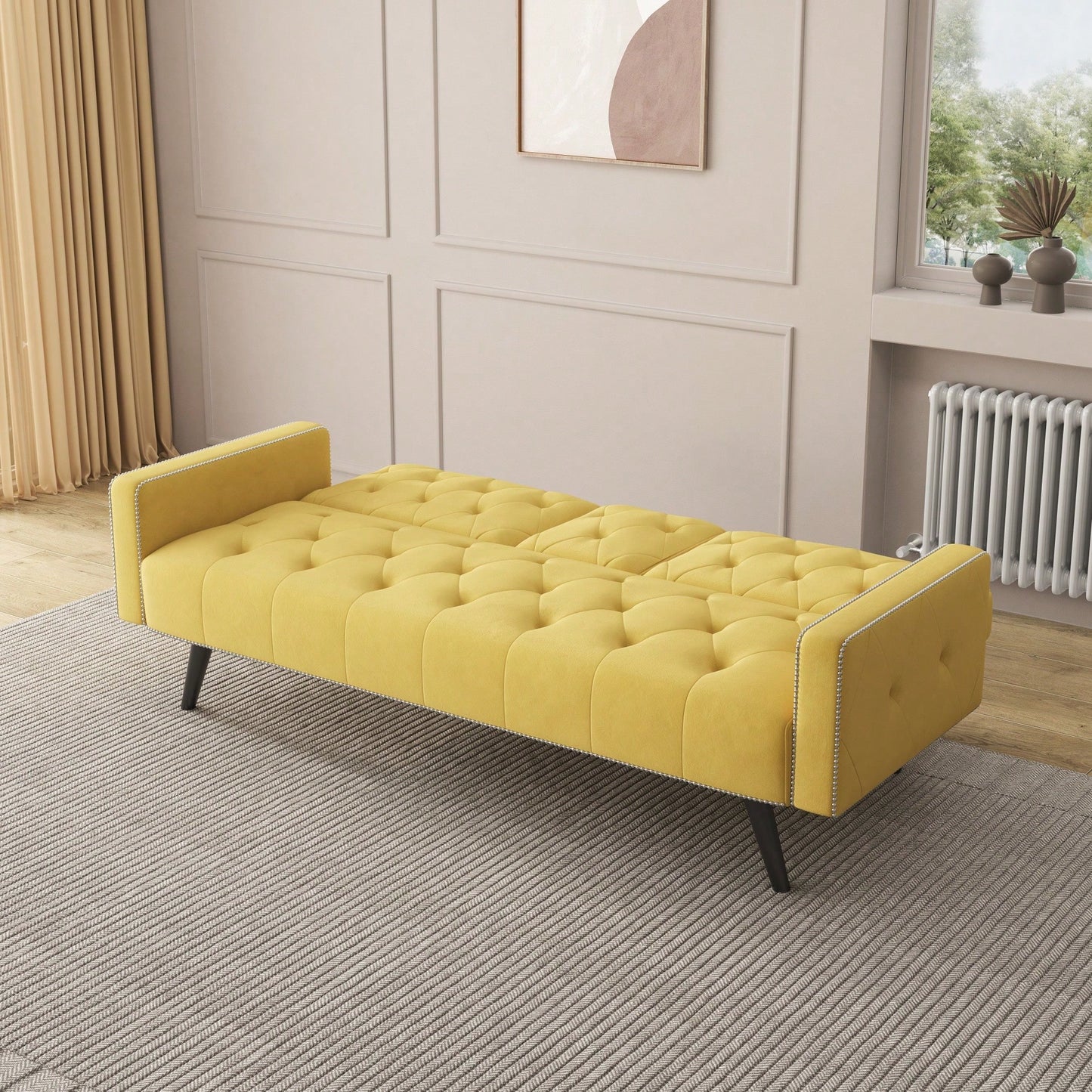 Compact Yellow Velvet Sofa Bed With Nailhead Trim And Dual Cup Holders Ideal For Small Spaces 72 Inch Length