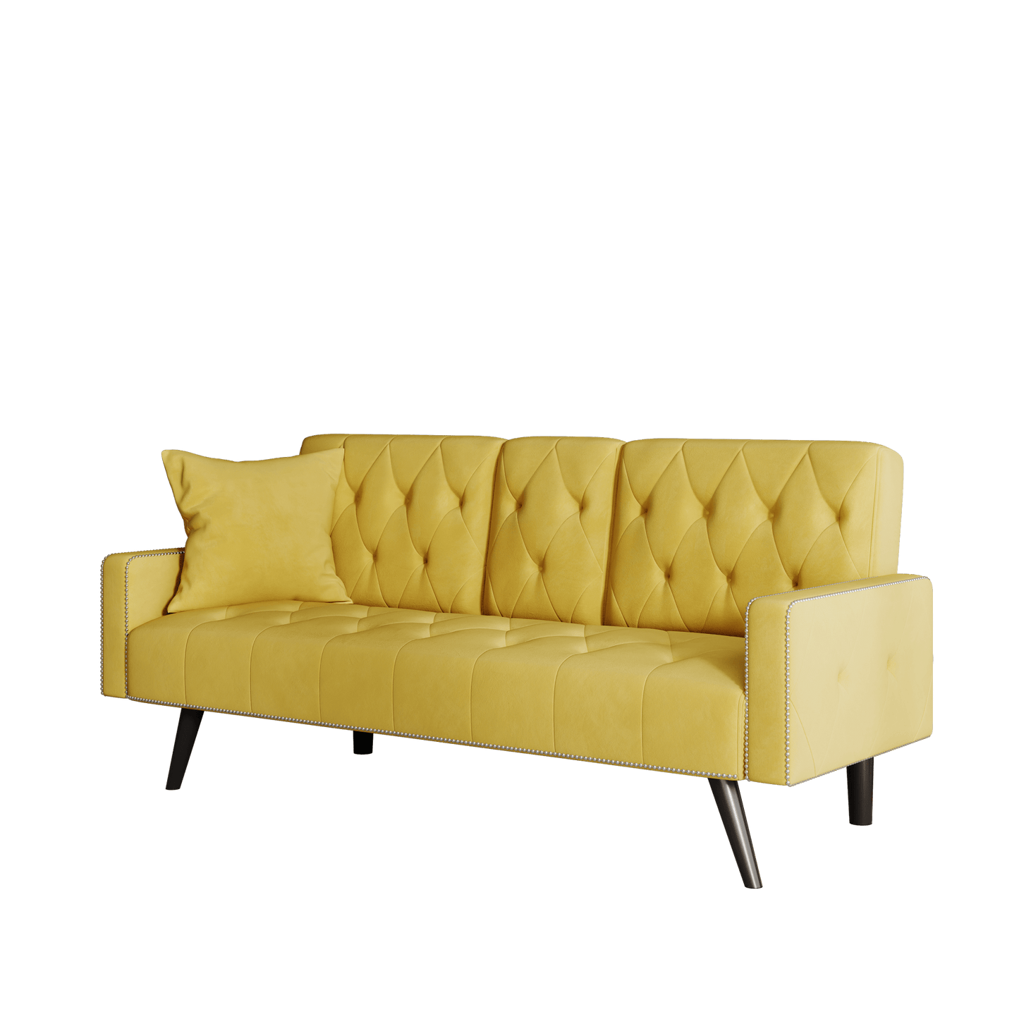 Compact Yellow Velvet Sofa Bed With Nailhead Trim And Dual Cup Holders Ideal For Small Spaces 72 Inch Length