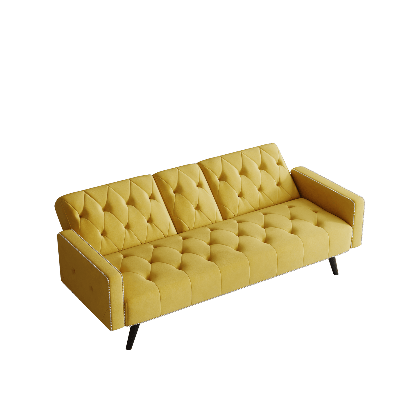 Compact Yellow Velvet Sofa Bed With Nailhead Trim And Dual Cup Holders Ideal For Small Spaces 72 Inch Length