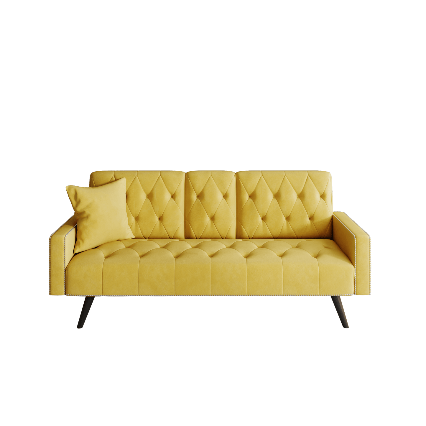 Compact Yellow Velvet Sofa Bed With Nailhead Trim And Dual Cup Holders Ideal For Small Spaces 72 Inch Length