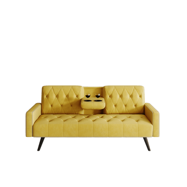 Compact Yellow Velvet Sofa Bed With Nailhead Trim And Dual Cup Holders Ideal For Small Spaces 72 Inch Length