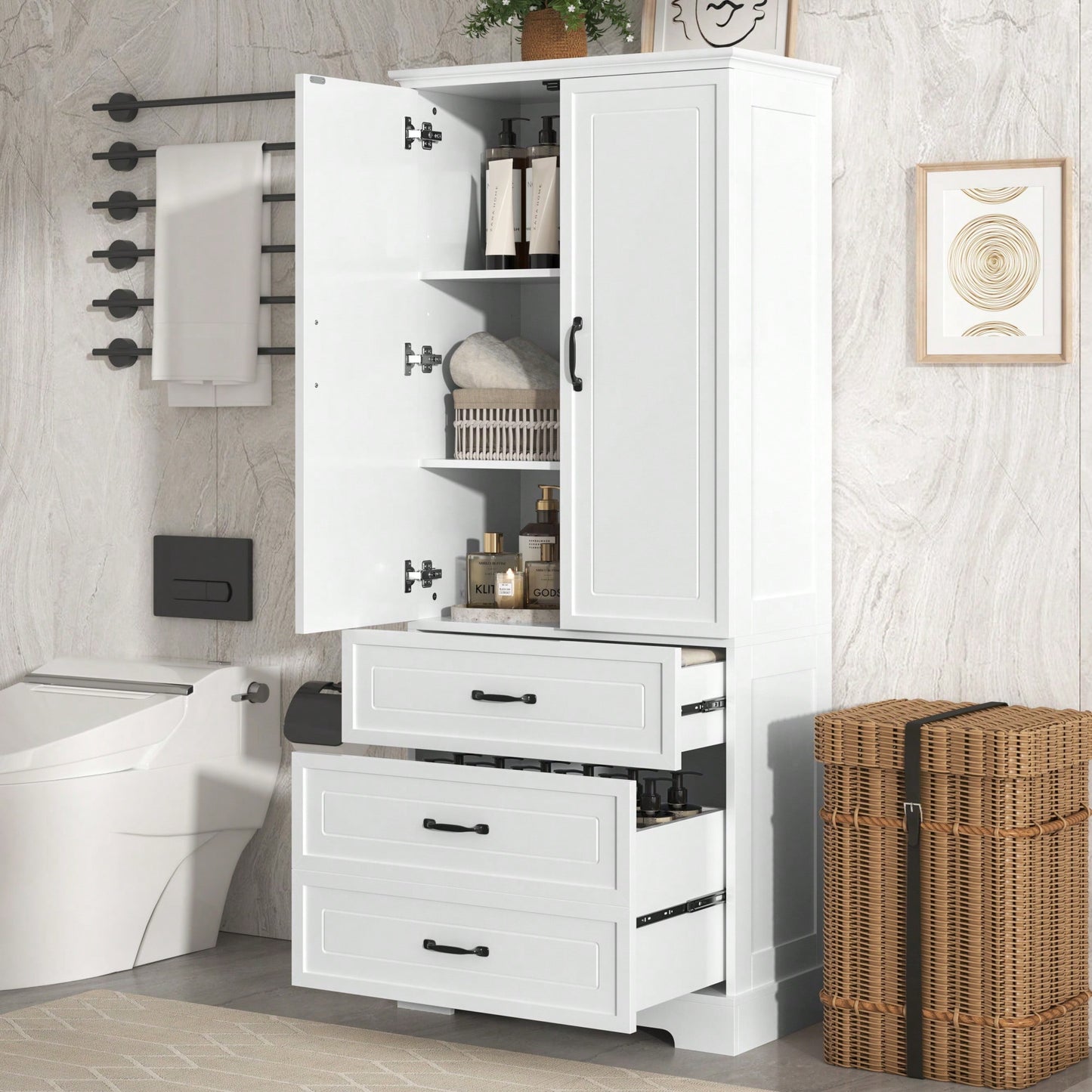 Elegant Tall White Bathroom Storage Cabinet With Two Doors And Drawers Adjustable Shelf MDF Construction