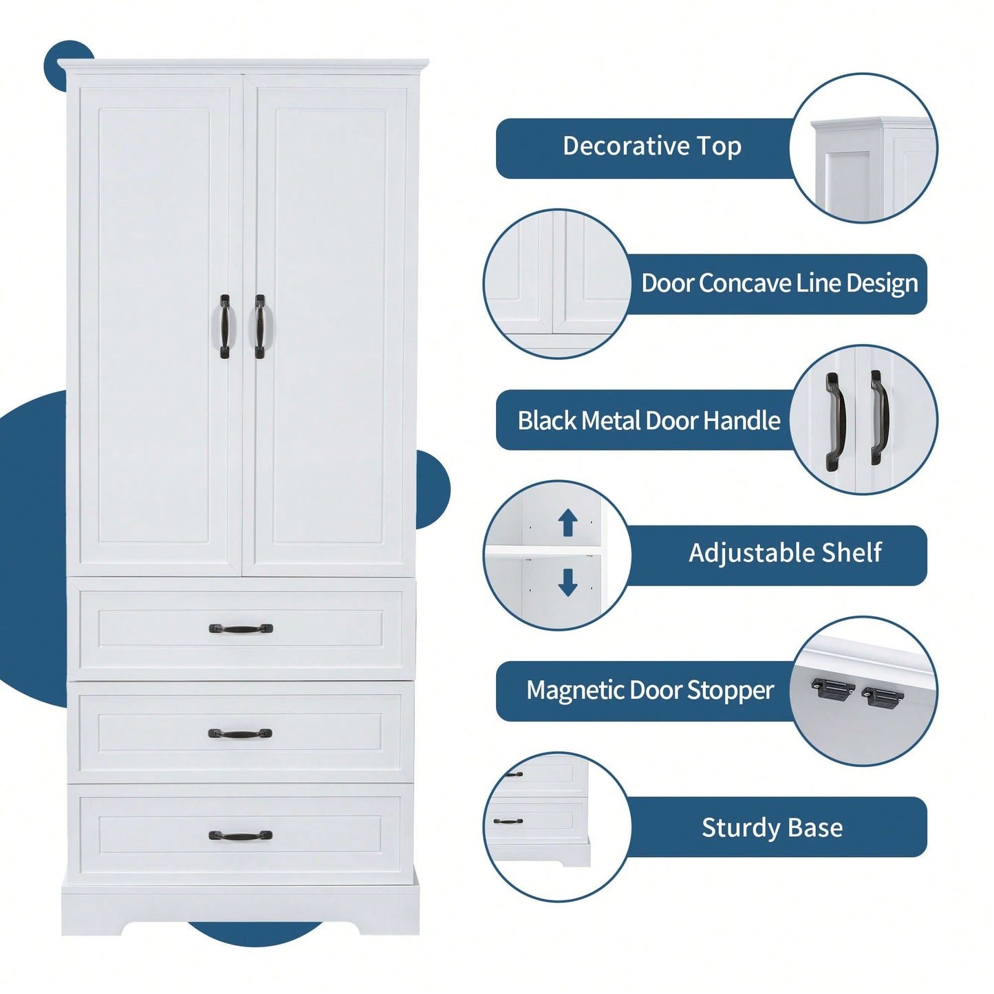 Elegant Tall White Bathroom Storage Cabinet With Two Doors And Drawers Adjustable Shelf MDF Construction