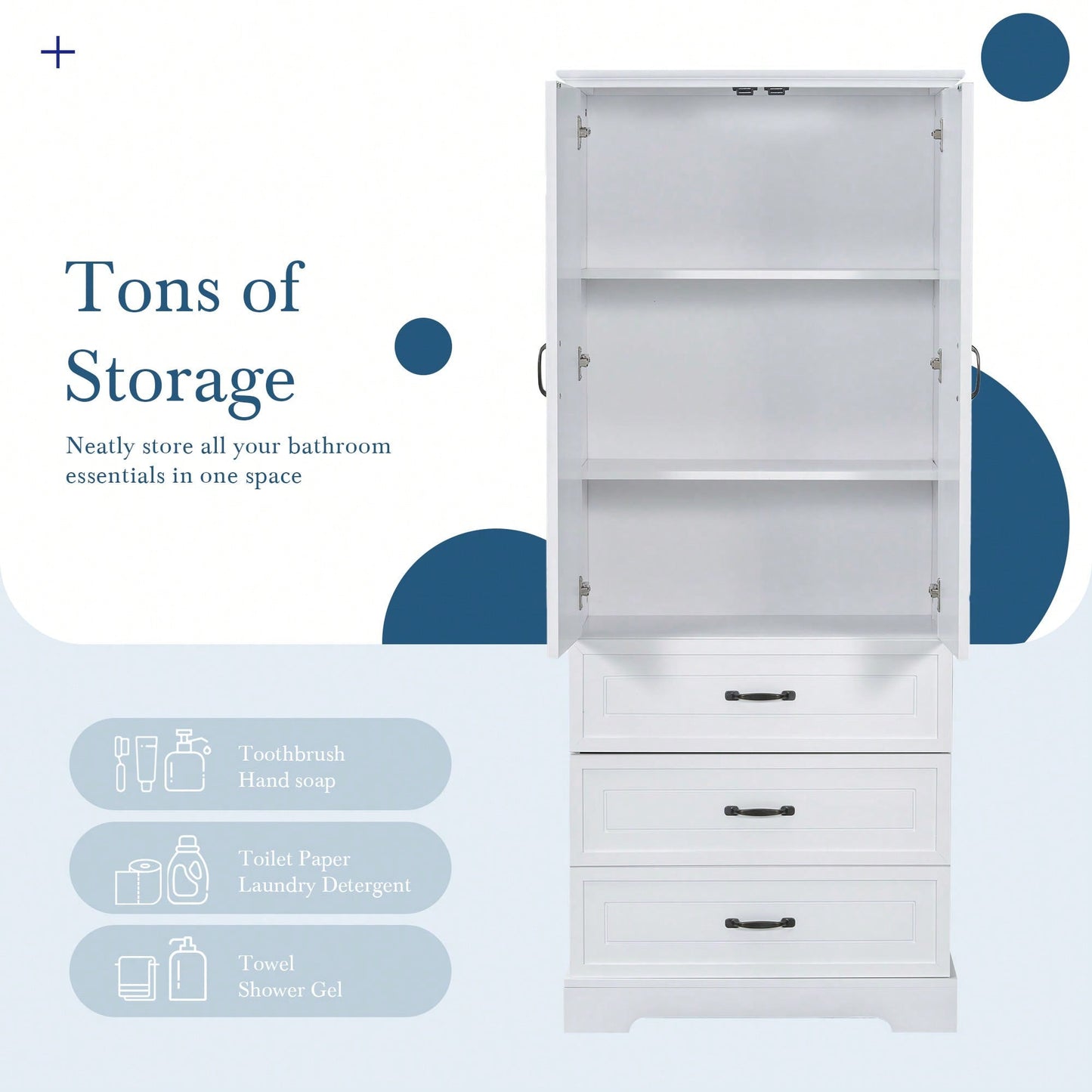 Elegant Tall White Bathroom Storage Cabinet With Two Doors And Drawers Adjustable Shelf MDF Construction