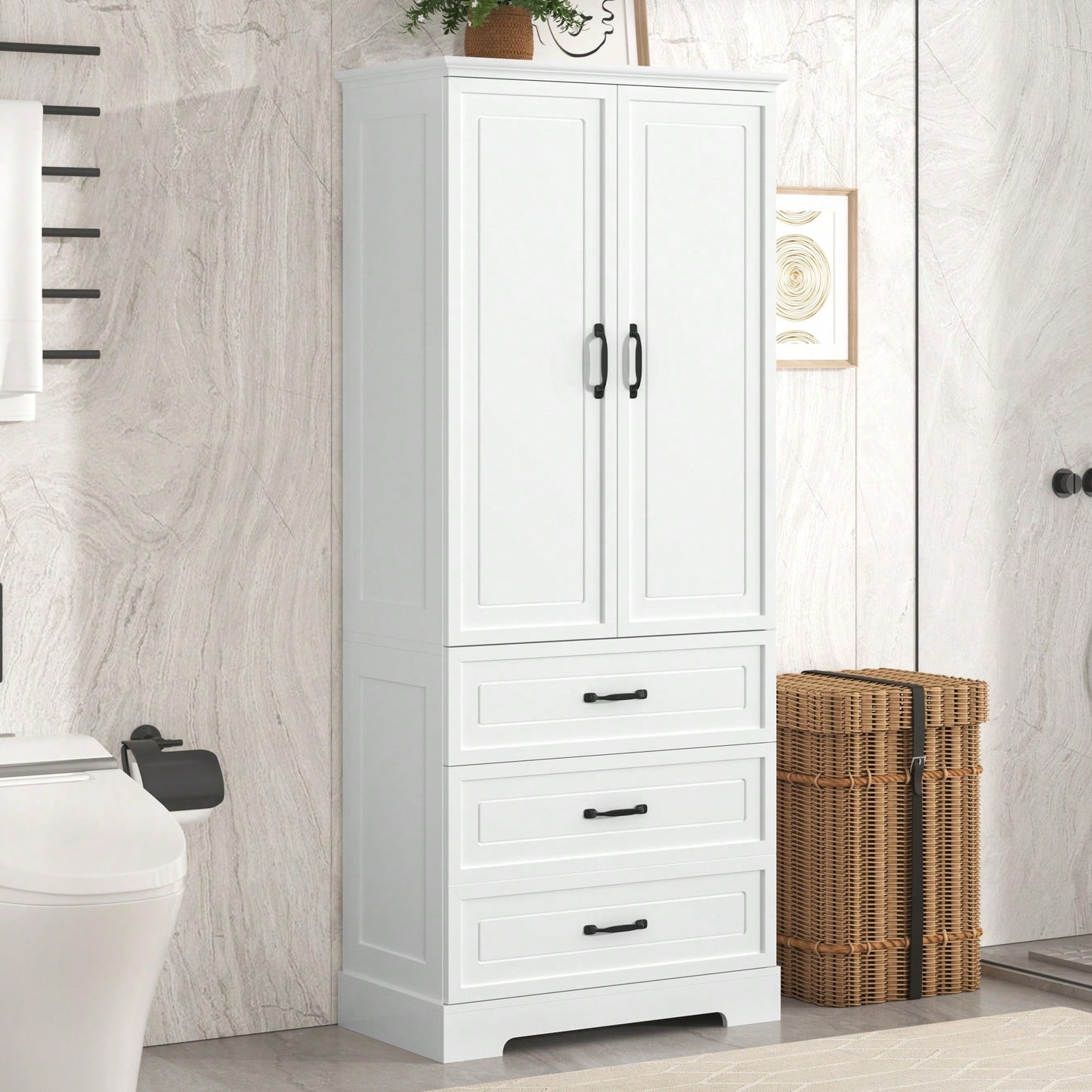 Elegant Tall White Bathroom Storage Cabinet With Two Doors And Drawers Adjustable Shelf MDF Construction