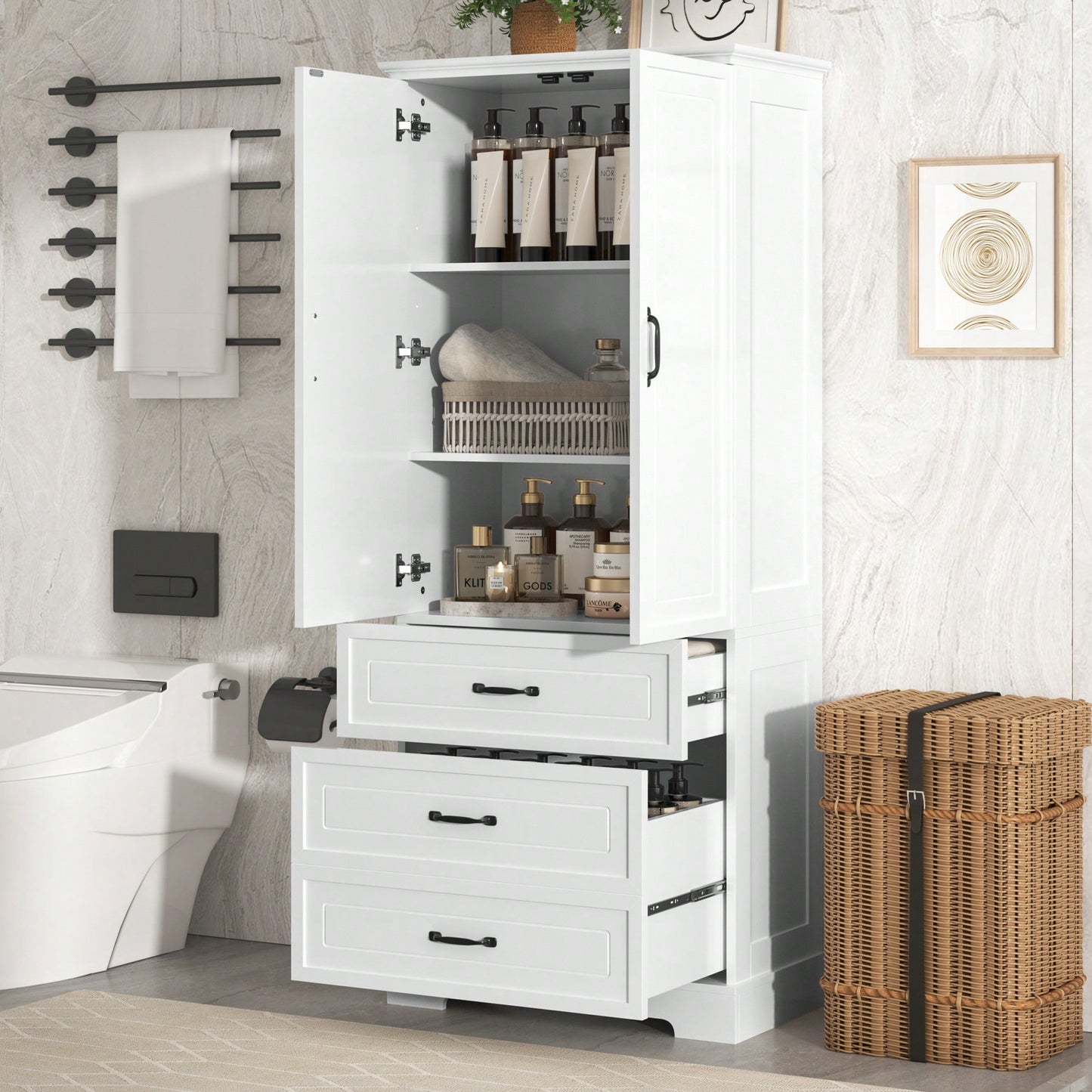 Elegant Tall White Bathroom Storage Cabinet With Two Doors And Drawers Adjustable Shelf MDF Construction