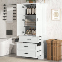 Elegant Tall White Bathroom Storage Cabinet With Two Doors And Drawers Adjustable Shelf MDF Construction