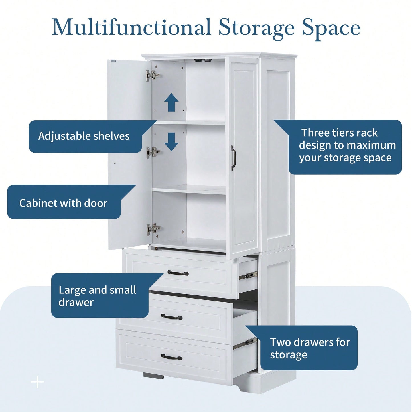 Elegant Tall White Bathroom Storage Cabinet With Two Doors And Drawers Adjustable Shelf MDF Construction