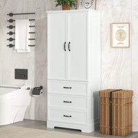 Elegant Tall White Bathroom Storage Cabinet With Two Doors And Drawers Adjustable Shelf MDF Construction