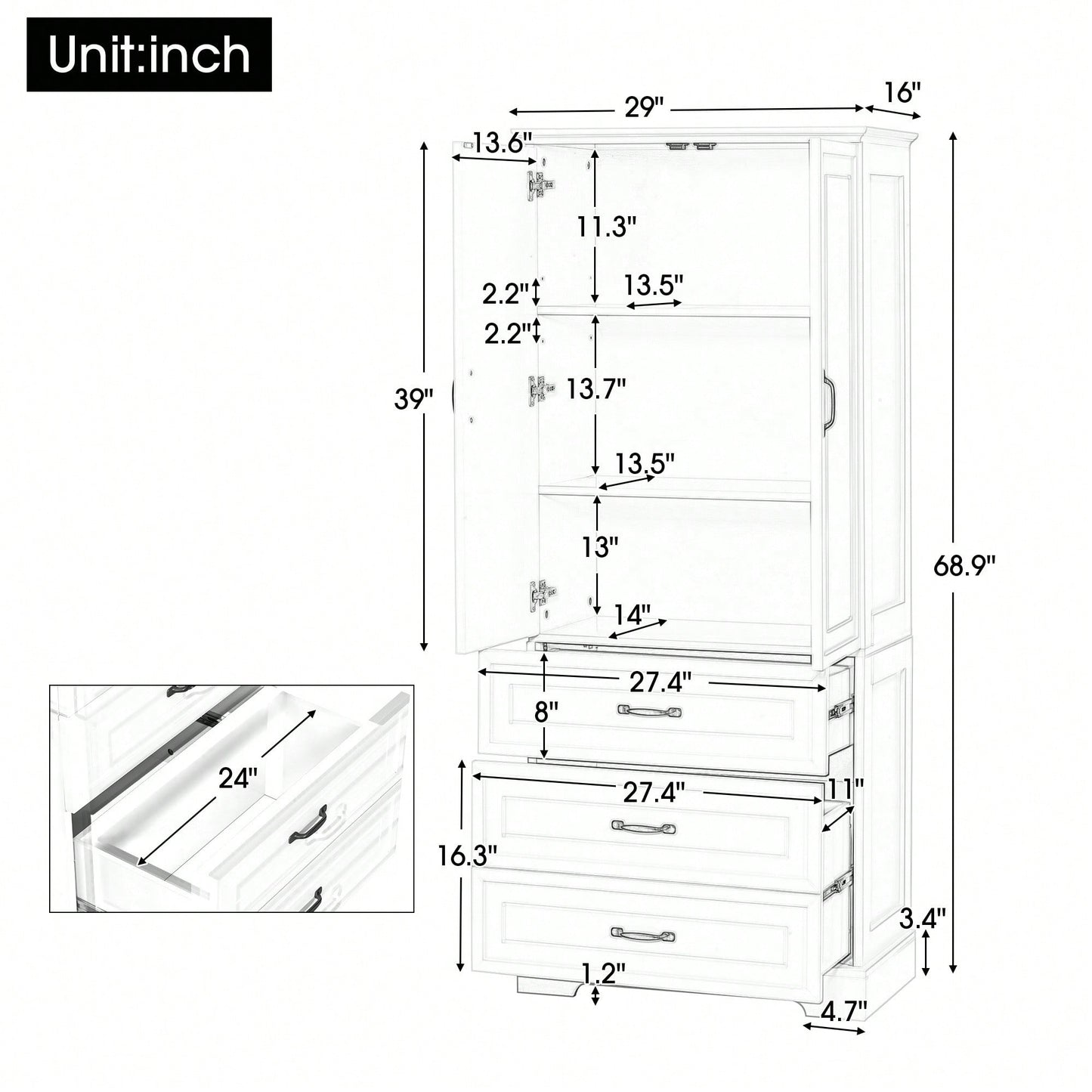 Elegant Tall White Bathroom Storage Cabinet With Two Doors And Drawers Adjustable Shelf MDF Construction