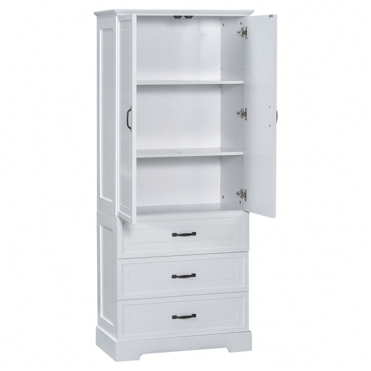 Elegant Tall White Bathroom Storage Cabinet With Two Doors And Drawers Adjustable Shelf MDF Construction