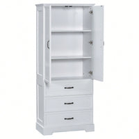 Elegant Tall White Bathroom Storage Cabinet With Two Doors And Drawers Adjustable Shelf MDF Construction