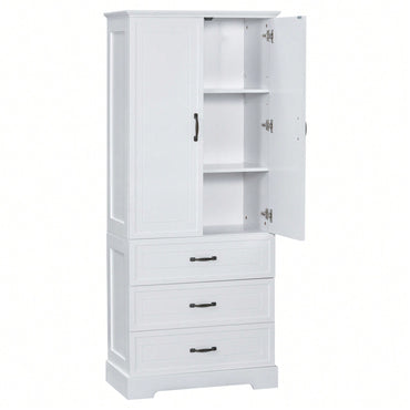 Elegant Tall White Bathroom Storage Cabinet With Two Doors And Drawers Adjustable Shelf MDF Construction