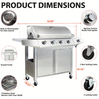 Stainless Steel 4 Burner Propane Gas Grill For Outdoor Cooking And BBQ Parties