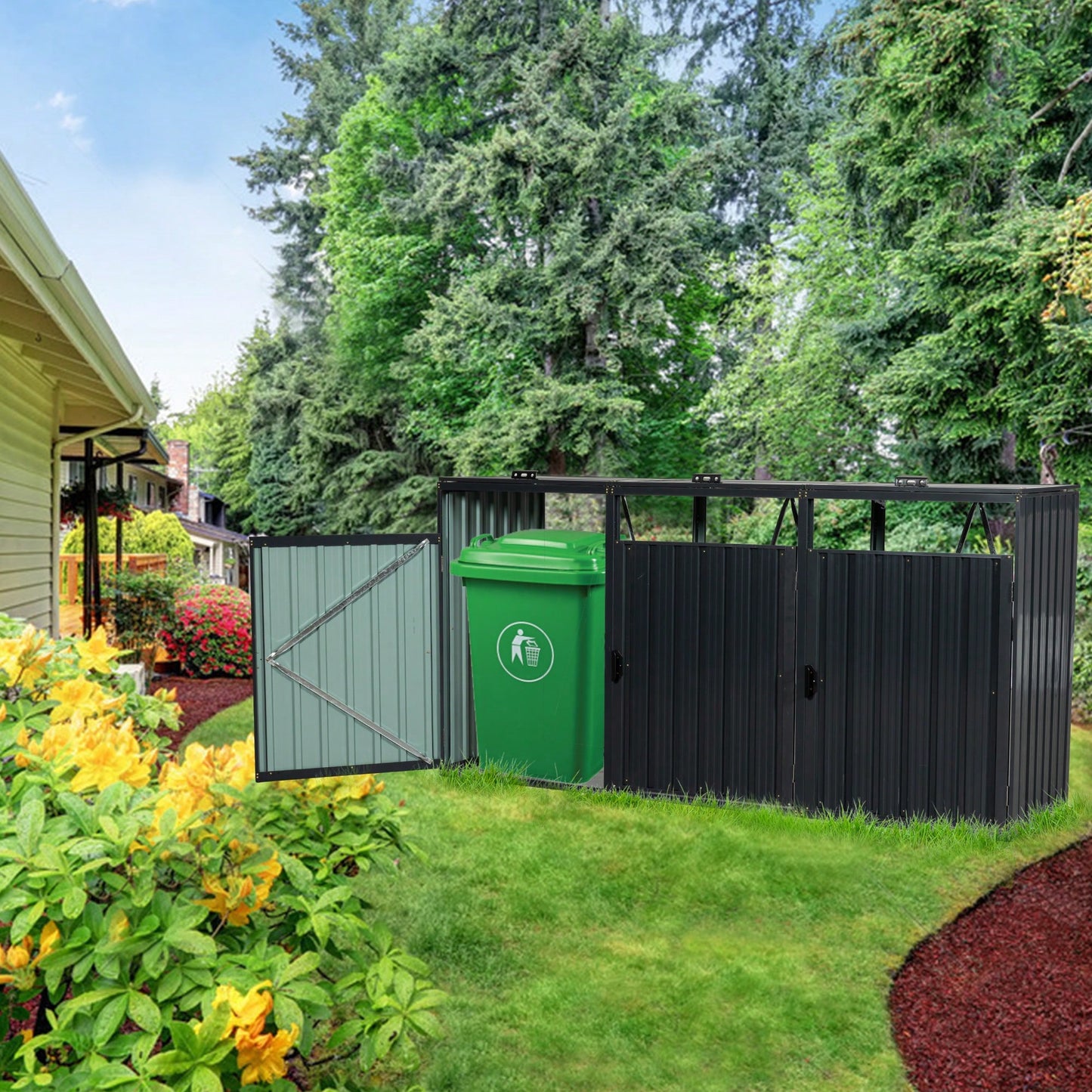 Outdoor Metal Garbage Bin Shed For 3 Trash Cans - Stainless Galvanized Steel Storage Solution For Garden And Yard