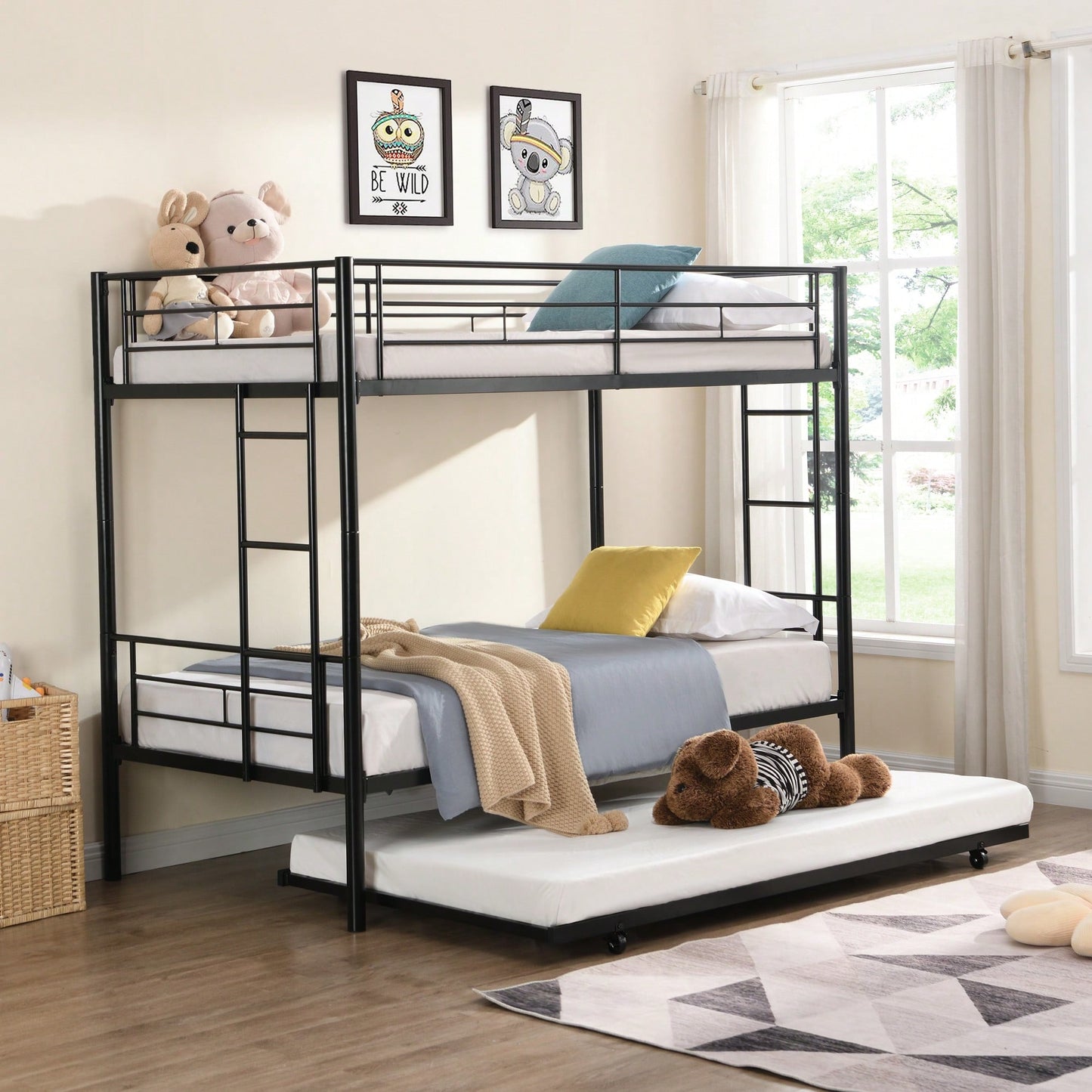 Black Metal Bunk Bed With Trundle Space-Saving Design For Kids And Teens