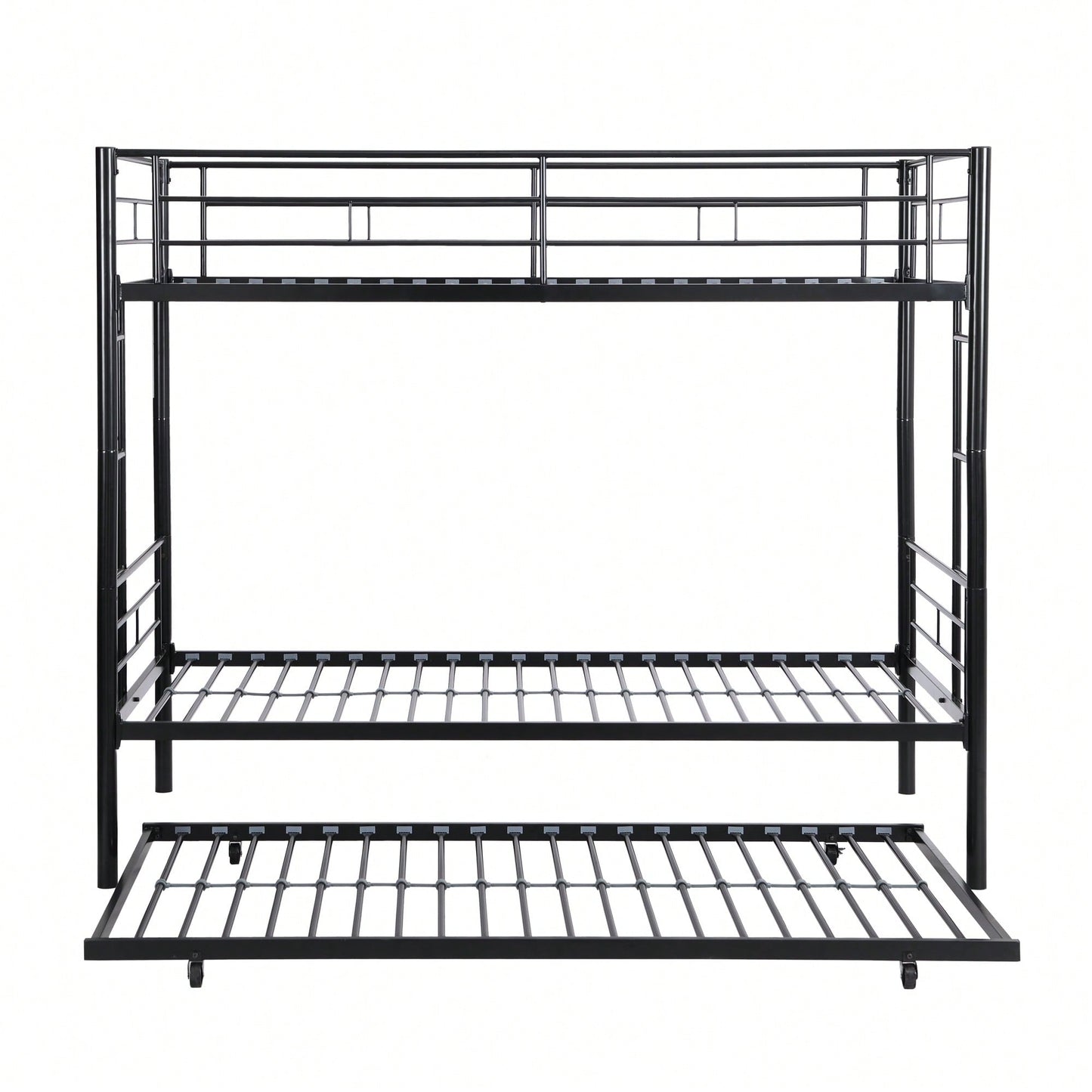 Black Metal Bunk Bed With Trundle Space-Saving Design For Kids And Teens