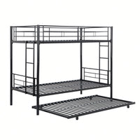 Black Metal Bunk Bed With Trundle Space-Saving Design For Kids And Teens