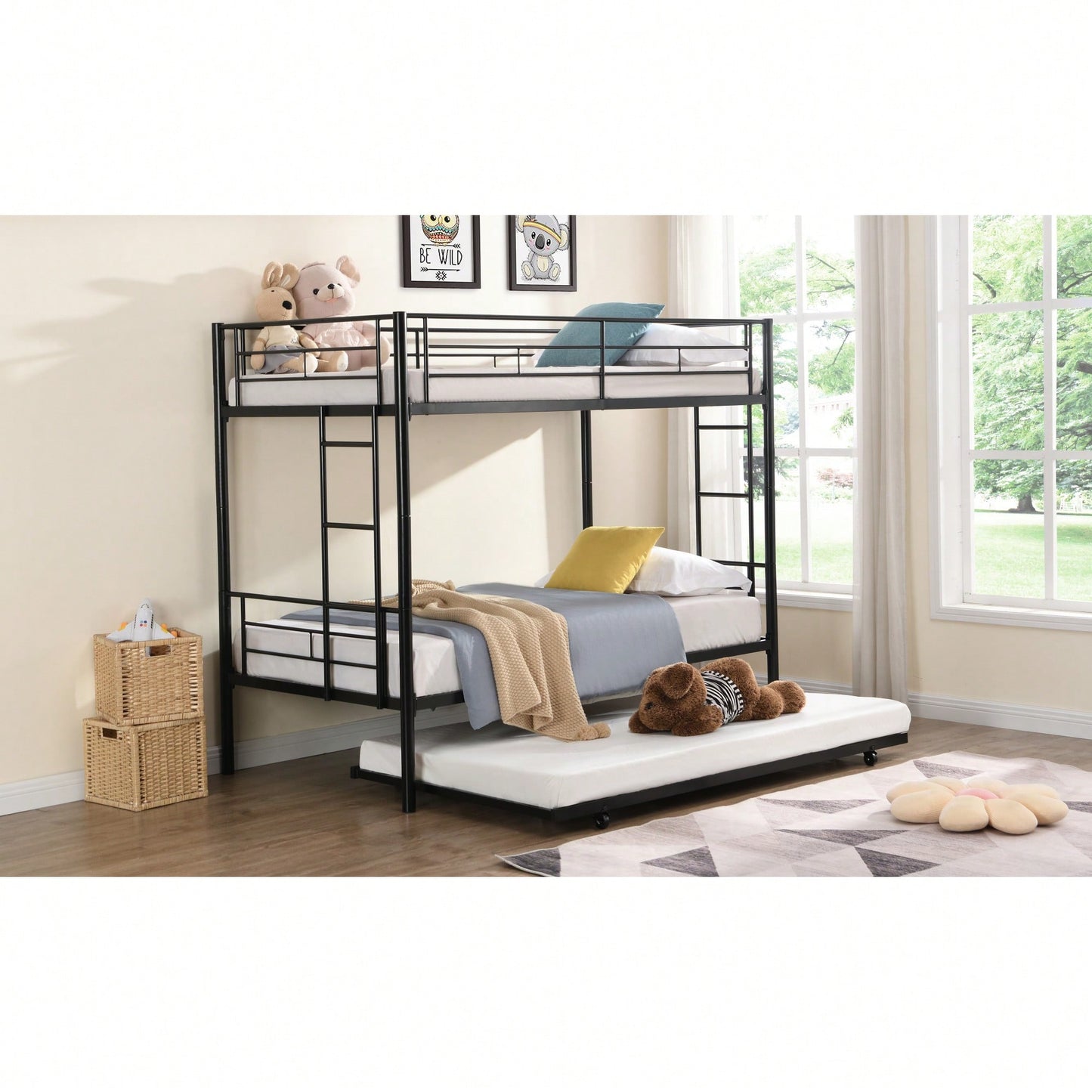 Black Metal Bunk Bed With Trundle Space-Saving Design For Kids And Teens