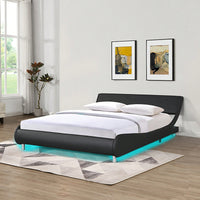 Queen Size Faux Leather Platform Bed Frame With LED Lighting Remote And App Control Curved Design Wood Slat Support Easy Assembly Black