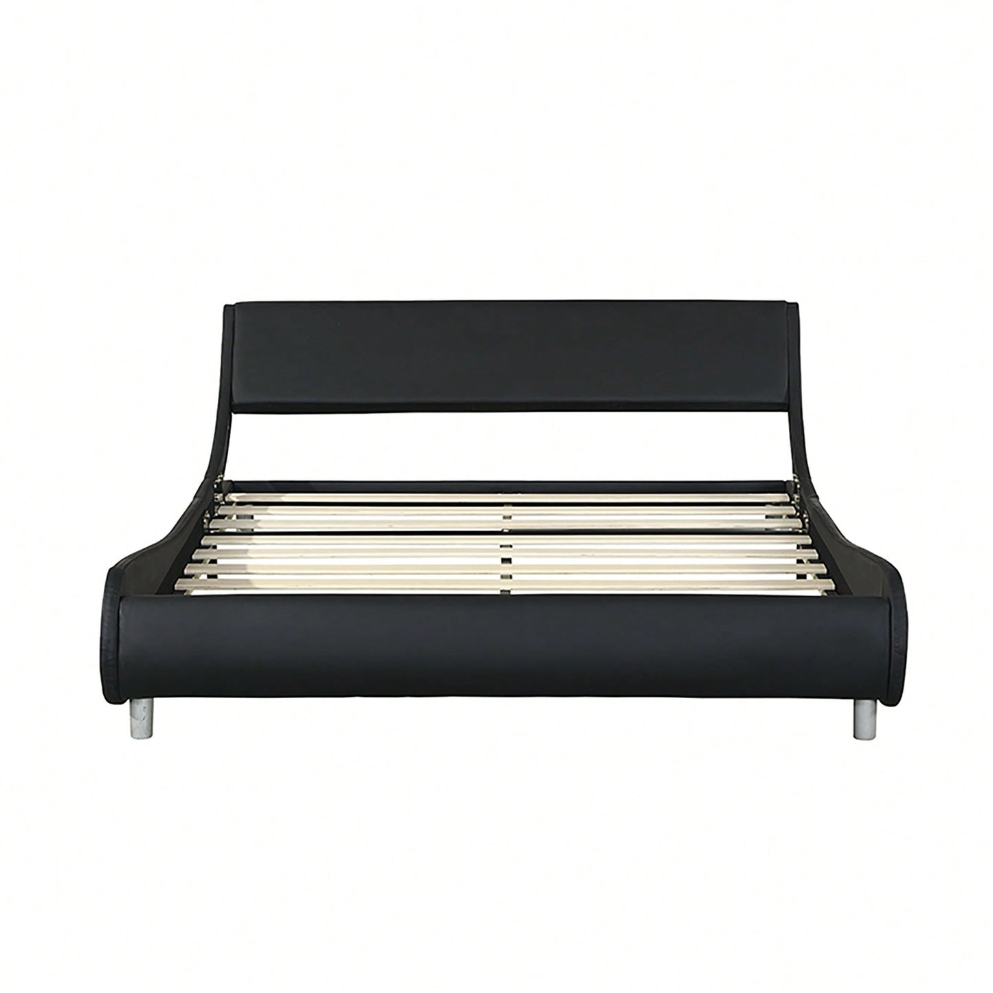 Queen Size Faux Leather Platform Bed Frame With LED Lighting Remote And App Control Curved Design Wood Slat Support Easy Assembly Black