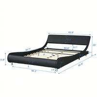 Queen Size Faux Leather Platform Bed Frame With LED Lighting Remote And App Control Curved Design Wood Slat Support Easy Assembly Black