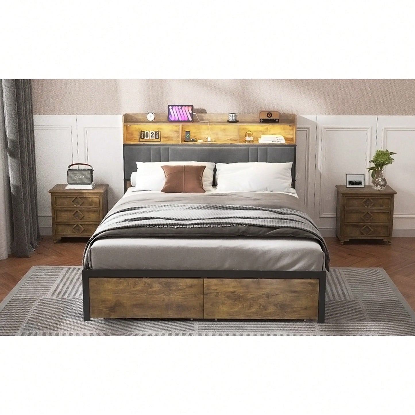 Queen Size Upholstered Bed Frame With Storage Headboard And Drawers, Platform Design With Charging Station And LED Light, Dark Brown