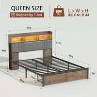 Queen Size Upholstered Bed Frame With Storage Headboard And Drawers, Platform Design With Charging Station And LED Light, Dark Brown