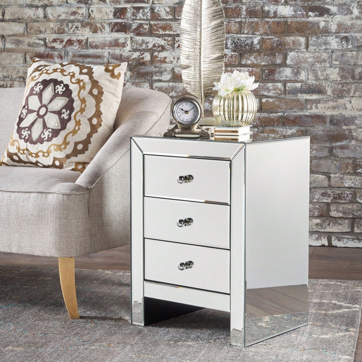 Elegant Silver Glass Nightstand With 3 Drawers For Bedroom Or Living Room Stylish Mirrored Side Table Accent Furniture