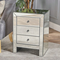 Elegant Silver Glass Nightstand With 3 Drawers For Bedroom Or Living Room Stylish Mirrored Side Table Accent Furniture