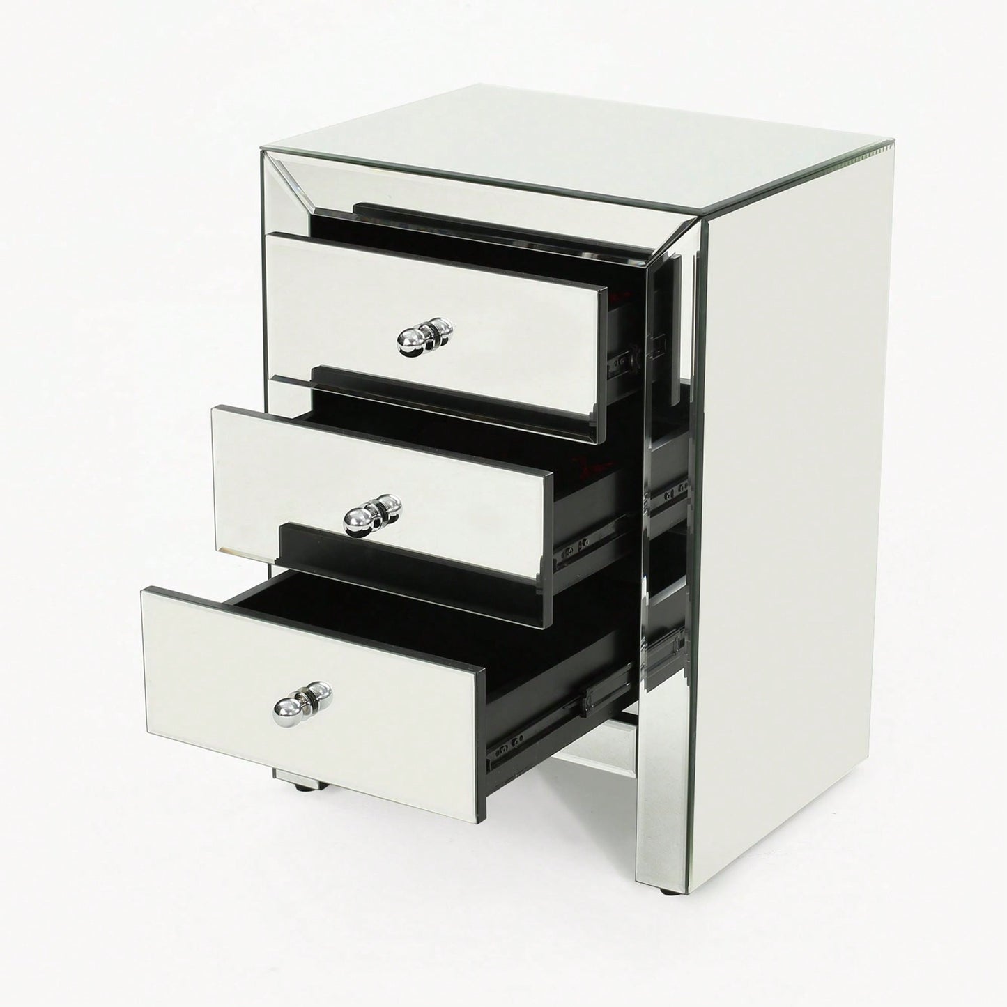 Elegant Silver Glass Nightstand With 3 Drawers For Bedroom Or Living Room Stylish Mirrored Side Table Accent Furniture