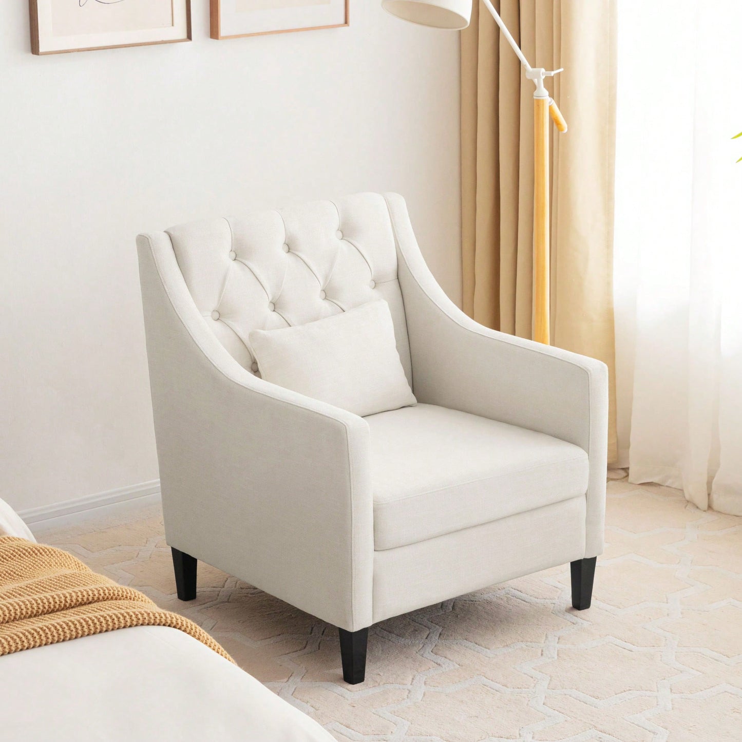 Elegant Mid-Century Accent Armchair With Lumbar Pillow For Living Room And Bedroom Reading, Upholstered Beige Sofa Chair