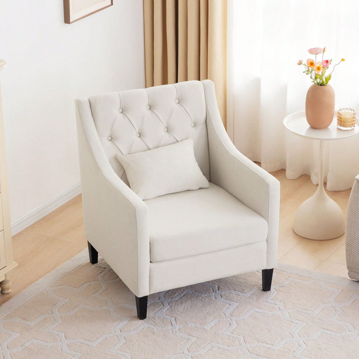 Elegant Mid-Century Accent Armchair With Lumbar Pillow For Living Room And Bedroom Reading, Upholstered Beige Sofa Chair