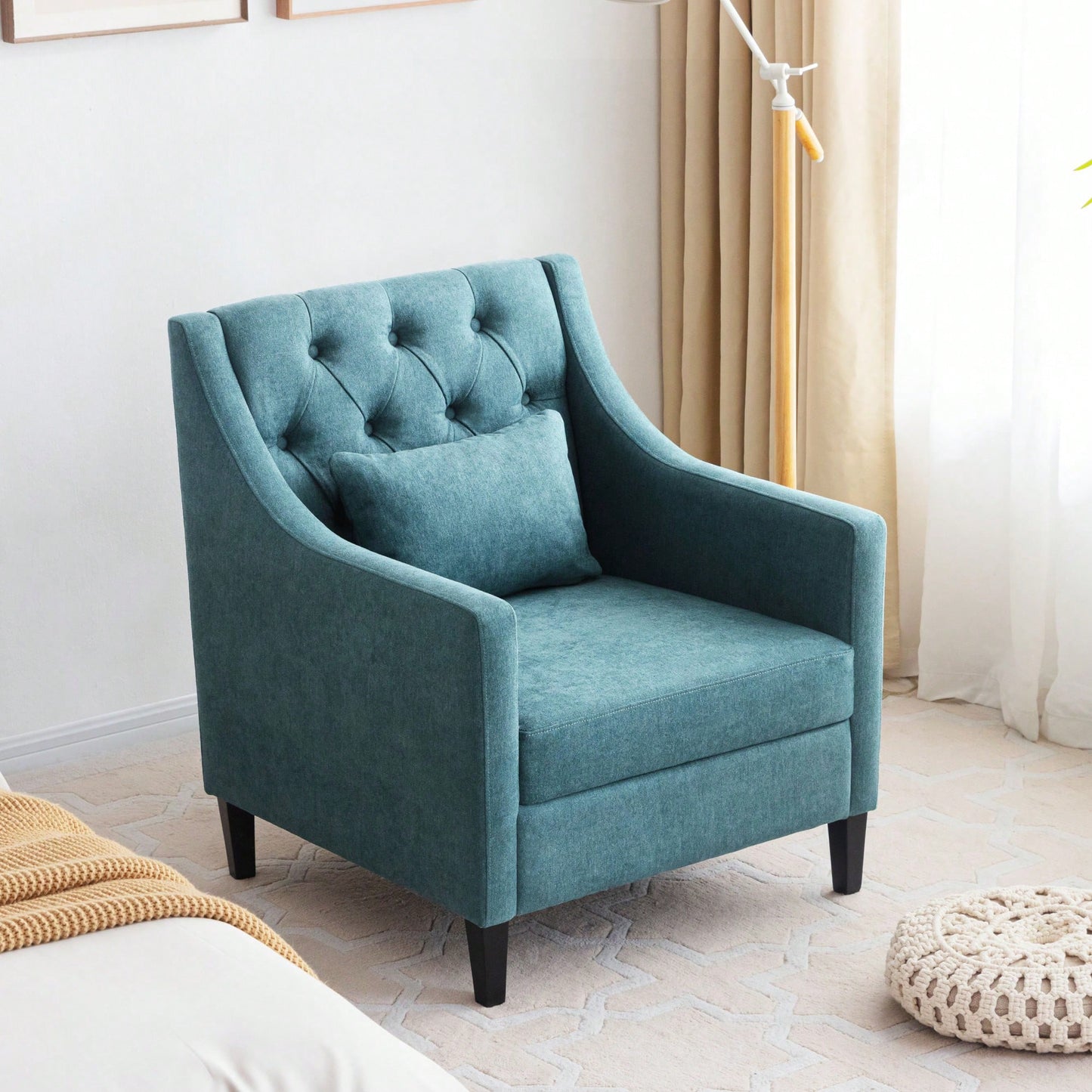 Elegant Mid-Century Accent Armchair With Lumbar Pillow For Living Room And Bedroom Reading, Upholstered Beige Sofa Chair