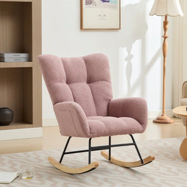 Upholstered Glider Rocking Chair With High Backrest And Solid Wood Legs For Nursery Bedroom Living Room In Pink