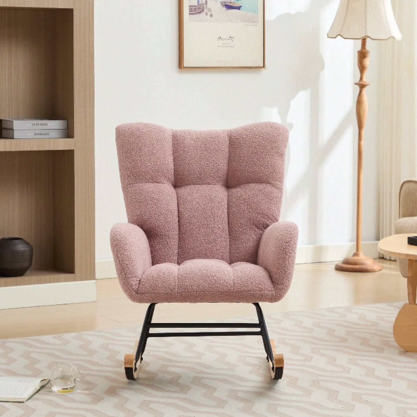 Upholstered Glider Rocking Chair With High Backrest And Solid Wood Legs For Nursery Bedroom Living Room In Pink