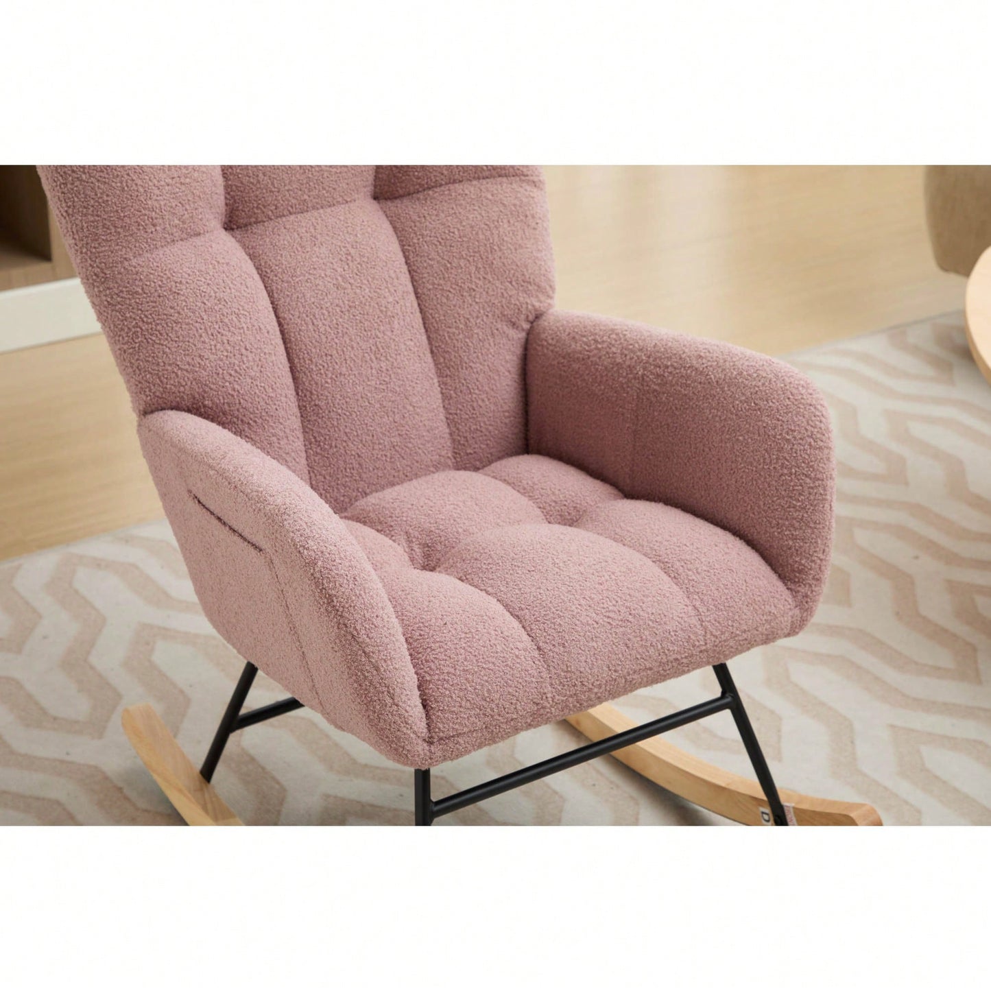 Upholstered Glider Rocking Chair With High Backrest And Solid Wood Legs For Nursery Bedroom Living Room In Pink