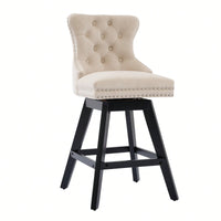 Set Of 2 Elegant Beige Swivel Velvet Barstools With Button Tufted Design And Wooden Legs, Chrome Nailhead Trim